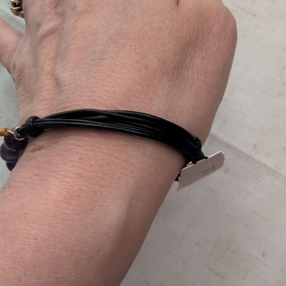 NWT Peyote Bird Santa Fe Amethyst Sterling Silver Amber Beaded Leather Bracelet - Picture 6 of 8